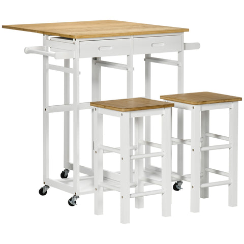 Rootz Folding Bar Table Set with Wheels - Space-Saving Bar Stools - 2 Drawers - Bamboo - 82.5cm x 75.5cm x 83.5cm