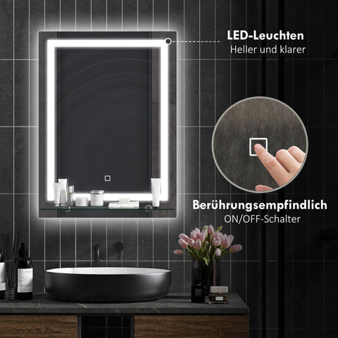 Rootz LED Bathroom Mirror - Dimmable - Anti-Fog Mirror - Touch Switch - Includes Shelf - 50cm x 2.7cm x 70cm - Modern Elegance