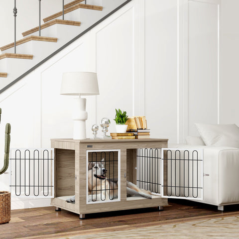 Rootz Indoor Dog Cage Side Table - Dog Kennel - Pet Crate - Double Door & Cushion - 90cm x 58cm x 65cm