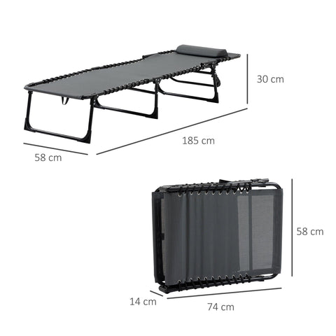 Rootz Deck Chair - Folding Lounger - Outdoor Recliner - With Neck Pillow - 185cm x 58cm x 30cm - Supports 120kg - Steel Frame, Mesh Cover, Grey