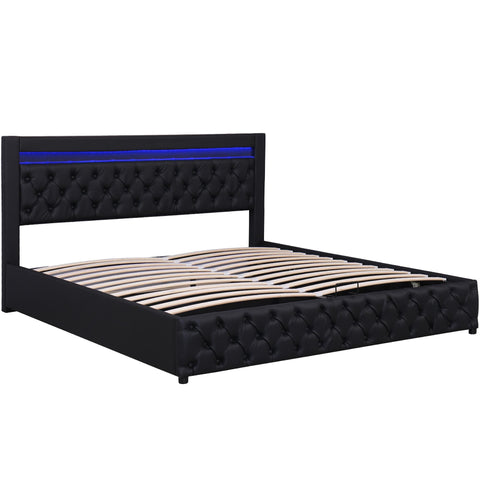 Rootz Upholstered Bed - Slatted Frame - Storage Bed - LED Lighting - 180 x 200 cm - Black - PU Cover for Modern Elegance