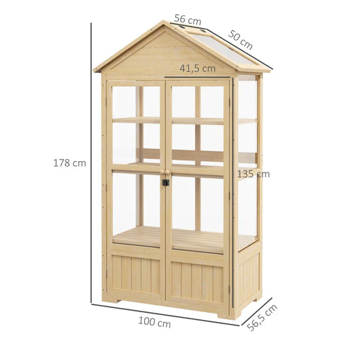Rootz Houten Kas - Plank Transparante Behuizing - Dakraam Vergrendelingsdeur - Acryl Houten Frame - Naturel - 100x56.5x178cm