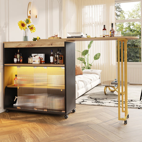 Rootz Extendable Bar Table - Movable Modern Bar Table - Telescopic Bar Table with LED - Storage Space - 138-204×39×105cm
