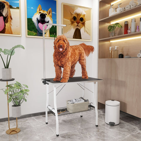 Rootz Dog Grooming Table - Grooming Station - Pet Care Table - Adjustable Arm - Non-Slip - 90 x 60 x 76 cm - Black-White