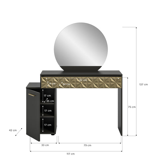 Rootz Prisma Dressing Table - Desk - Cosmetic Table - Black Melamine - Gold Trim - 117cm x 138cm x 42cm