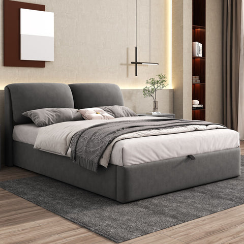 Rootz Upholstered Bed - Velvet Bed - Storage Bed - Hydraulic Storage & 3 Drawers - 210L x 141W x 102H cm - Grey