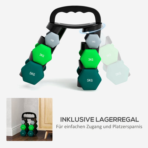 Rootz Dumbbell Set with Rack - Weight Set - Fitness Weights - Space-Saving - Dumbbell: 14x6x6, 19.5x8.5x8.5, 22x9.7x9.7cm - Rack: 42x10x30cm