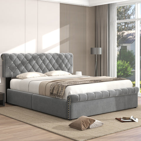 Rootz Upholstered Bed - Velvet Bed Frame - Height Adjustable Headboard - Hydraulic Storage - 223cm x 149cm x 91.5-96.5cm - Gray