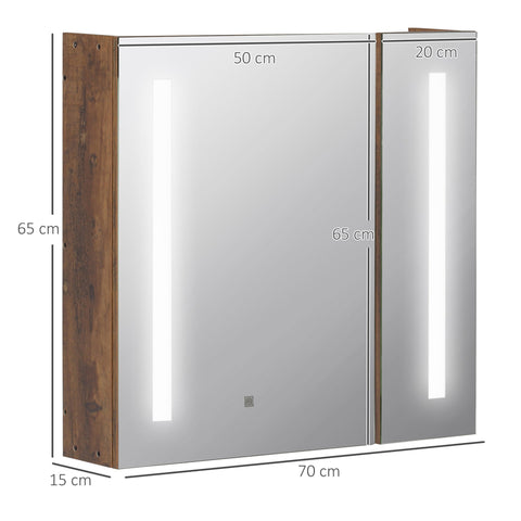 Rootz Wall Mounted Mirror Cabinet - LED Bathroom Storage - Illuminated Vanity - Adjustable Shelves - 70 x 15 x 65 cm Wood Look