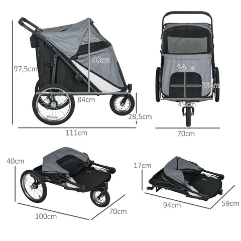 Rootz Folding Pop Up Dog Stroller - Pet Buggy - Dog Cart - Hinged Canopy - Large Rubber Tires - Integrated Dog Leash - 111cm x 70cm x 97.5cm - Oxford Polyester & Steel - Grey/Black