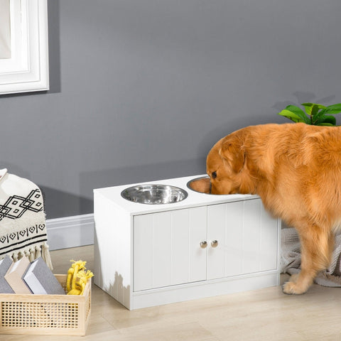 Rootz Dog Feeding Station - Pet Feeding Station - Elevated Dog Feeder - Ample Storage - Secure Magnetic Doors - Hygienic Stainless Steel Bowls - 60L x 30W x 35.5H cm - MDF and Stainless Steel