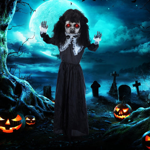 Rootz Animated Halloween Decoration - Spooky Lolita Girl - Bendable Arms - Glowing Red Eyes - Scary Voices - 65cm x 15cm x 160cm