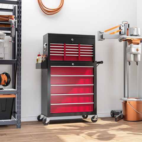 Rootz Tool Trolley - Workshop Trolley - Mobile Tool Chest - Lockable Drawers - Red Steel - 14 Drawers - 60x26x34cm & 76x33x75cm