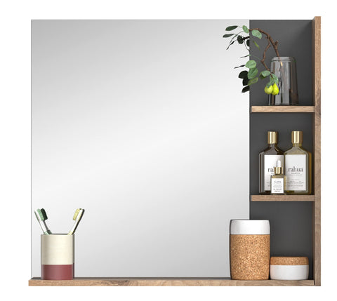 Rootz X12B8719 Wooden Bathroom Mirror - Wall Mirror - Nox Oak Replica - Basalt Gray - Timeless Design - 73cm x 79cm