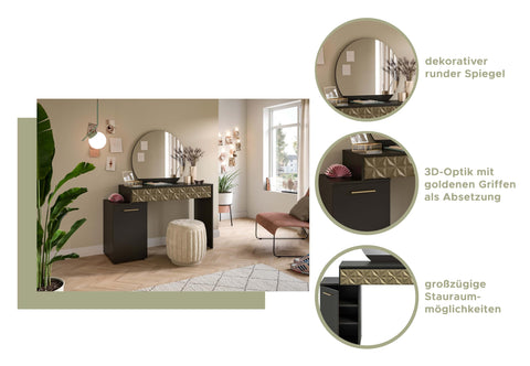 Rootz Prisma Dressing Table - Desk - Cosmetic Table - Black Melamine - Gold Trim - 117cm x 138cm x 42cm