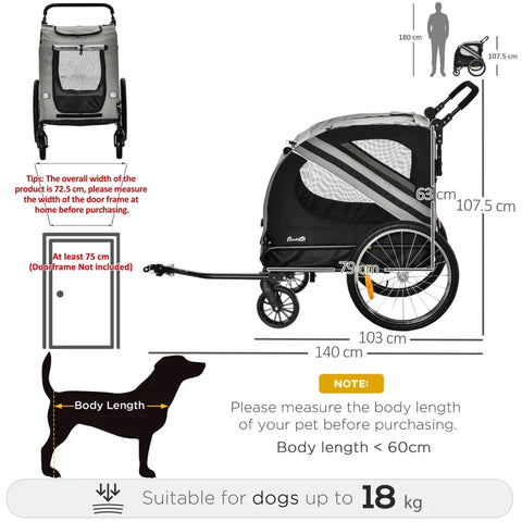 Rootz Hondenbuggy - Hondenkar - Huisdierbuggy - Fietskar voor huisdieren - Hondenbuggy - Veiligheidslijn Reflectoren - Grijs - 140 cm x 72,5 cm x 108 cm