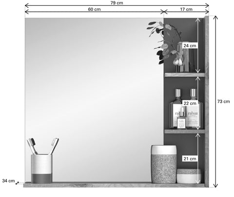 Rootz X12B8719 Wooden Bathroom Mirror - Wall Mirror - Nox Oak Replica - Basalt Gray - Timeless Design - 73cm x 79cm
