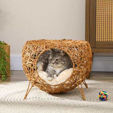 Rootz Cat Cave - Cat Bed - Cat House - Rattan Cat Basket - Soft Cushion - Ø 40 x 32 cm - Brown - Stylish & Comfortable Resting Spot