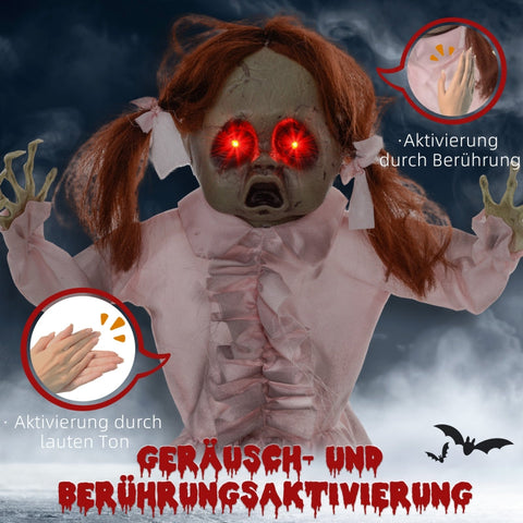 Rootz Animated Halloween Decoration - Spooky Girl Prop - Motion Activated - Glowing Red Eyes - Creepy Talking Voice - 50cm x 15cm x 76cm