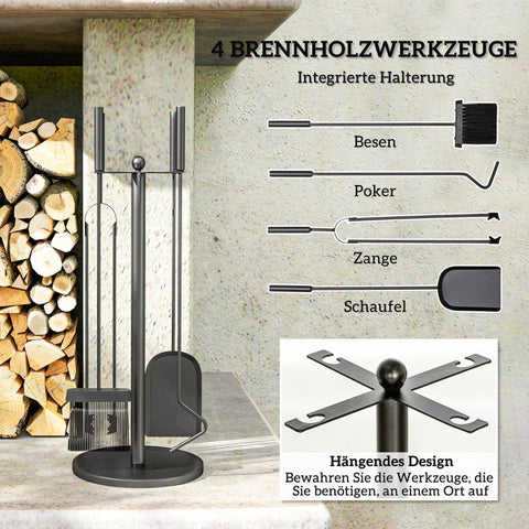 Rootz 5 Piece Fireplace Tool Set - Hearth Set - Cutlery Set - Metal Construction - Elegant Black Finish - Compact Design - Ø25cm x 54cm
