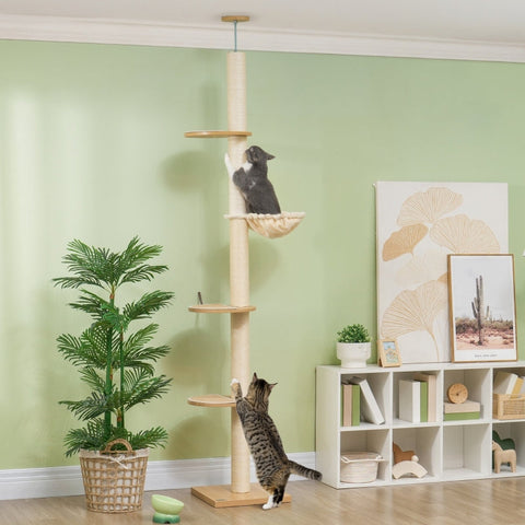 Rootz Floor-to-Ceiling Cat Tree - Cat Tower - Scratching Post - Adjustable Height - Wood Material - 40cm x 40cm x 230-250cm