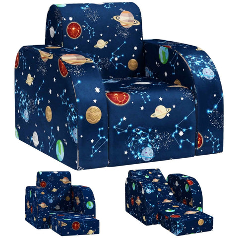 Rootz Kids Foldable Armchair - Children's Sofa - Cozy Bed - Multifunctional - Planet Pattern - Easy to Clean - Blue - Foam/Polyester - 46.5cm x 93cm x 28.5cm