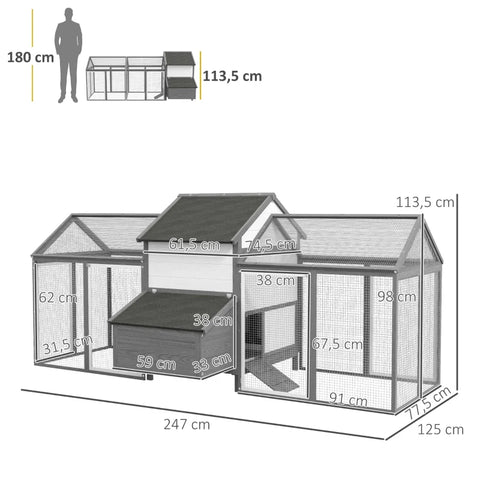 Rootz Chicken Coop - Small Animal Coop - 2 Outdoor Enclosures - 1 Nesting Box - 2 Ramps - Asphalt Roof - Weatherproof - Gray - 247cm x 125cm x 113.5cm