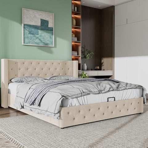 Rootz Upholstered Bed - Hydraulic Storage Bed - Chesterfield Bed - Luxurious Velvet Fabric - 209cm x 170cm x 94.5cm