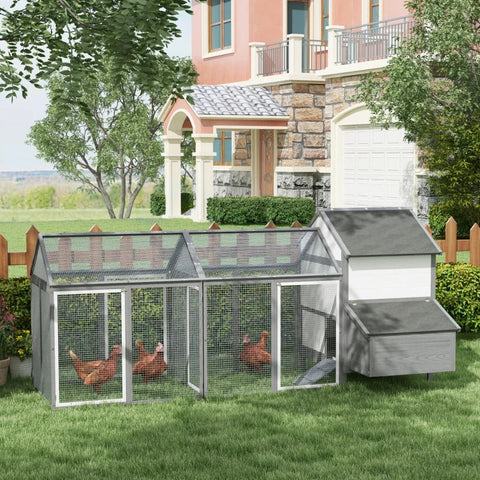 Rootz Chicken Coop - Small Animal Coop - 2 Outdoor Enclosures - 1 Nesting Box - 2 Ramps - Asphalt Roof - Weatherproof - Gray - 247cm x 125cm x 113.5cm