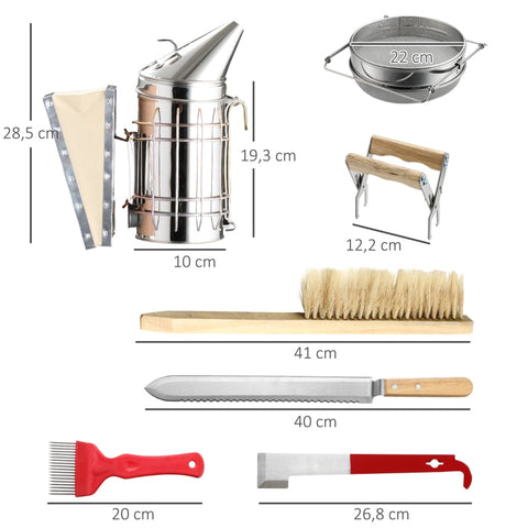 Rootz Beekeeping Set - 7-Piece Honey Harvesting Kit - Stainless Steel Tools - Hive Chisel - Uncapping Knife - 28.5cm Smoker