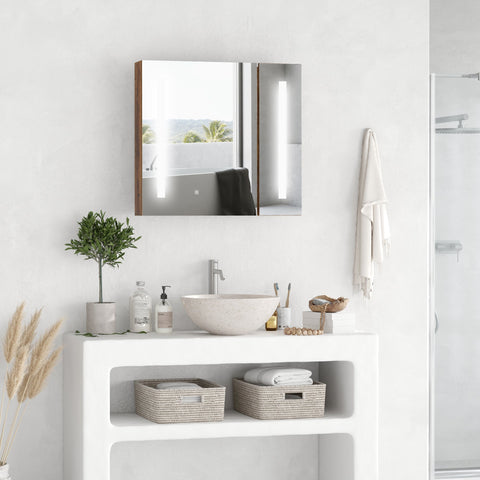 Rootz Wall Mounted Mirror Cabinet - LED Bathroom Storage - Illuminated Vanity - Adjustable Shelves - 70 x 15 x 65 cm Wood Look