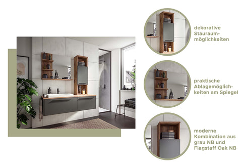 Rootz Ramon Wall Mirror - Gray Bathroom Furniture - Floating Shelves - Sustainable Wood Material - 80cm x 70cm x 20cm