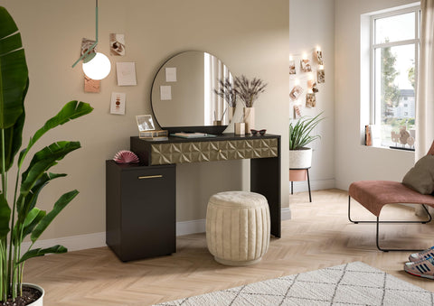 Rootz Prisma Dressing Table - Desk - Cosmetic Table - Black Melamine - Gold Trim - 117cm x 138cm x 42cm