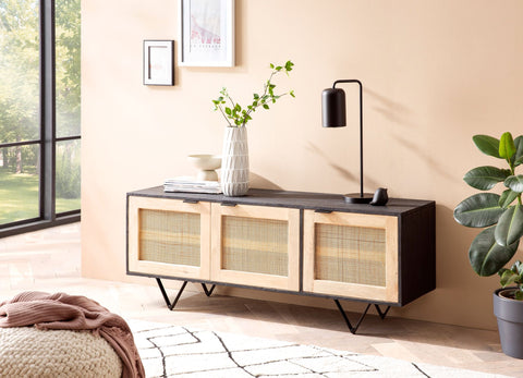 Rootz Modern Design Sideboard - Buffet Cabinet - Credenza - Handcrafted - Solid Mango Wood - V-Shaped Legs - Canework Door Fronts - 145cm x 55cm x 40cm