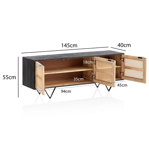 Rootz Modern Design Sideboard - Buffet Cabinet - Credenza - Handcrafted - Solid Mango Wood - V-Shaped Legs - Canework Door Fronts - 145cm x 55cm x 40cm