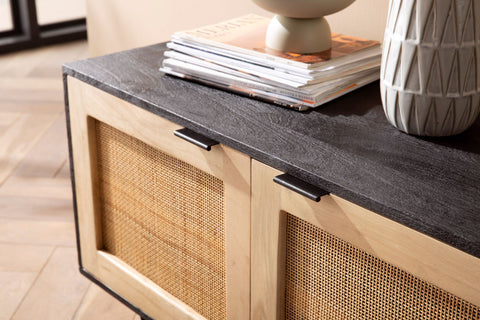 Rootz Modern Design Sideboard - Buffet Cabinet - Credenza - Handcrafted - Solid Mango Wood - V-Shaped Legs - Canework Door Fronts - 145cm x 55cm x 40cm
