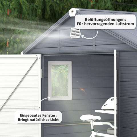 Rootz Tool Shed - Garden Shed - Ventilated Storage - Moisture Resistant - 240cm x 190cm x 180/228cm - Grey