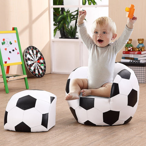 Rootz Children's Armchair with Stool - Kids Sofa - Football Chair - Fun Design - High-Quality Workmanship - Comfortable Padding - 51.5cm x 47.5cm x 43cm - Faux Leather