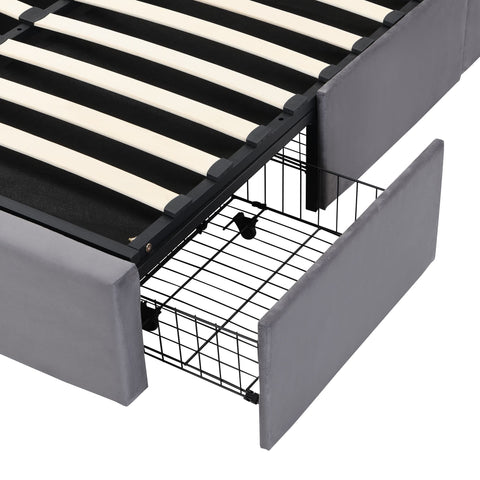 Rootz Upholstered Bed - Velvet Bed - Storage Bed - Hydraulic Storage & 3 Drawers - 210L x 141W x 102H cm - Grey