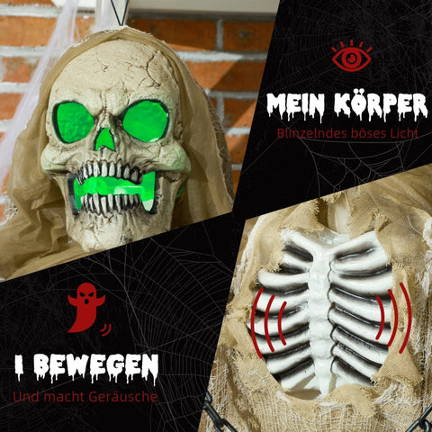 Rootz Animated Halloween Decoration - Hanging Skeleton - Twistable Arms - Touch & Sound Activation - Glowing Head & Chest - 70cm x 18cm x 183cm