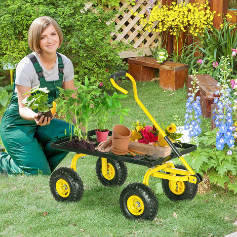 Rootz Garden Cart - Transport Trolley - Handcart with 4 Pneumatic Wheels - 150kg Capacity - 94cm x 48.5cm x 100cm - Yellow-Black