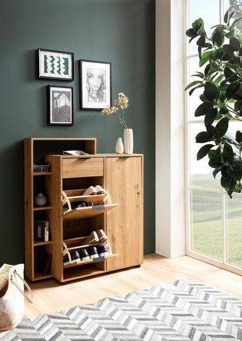 Rootz Large Shoe Cabinet - Modern Design - Shoe Storage - 3 Doors & Drawer - 5 Compartments - 98cm x 110cm x 30cm