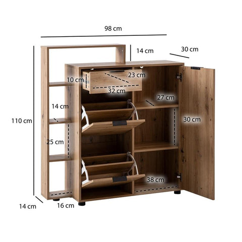 Rootz Large Shoe Cabinet - Modern Design - Shoe Storage - 3 Doors & Drawer - 5 Compartments - 98cm x 110cm x 30cm