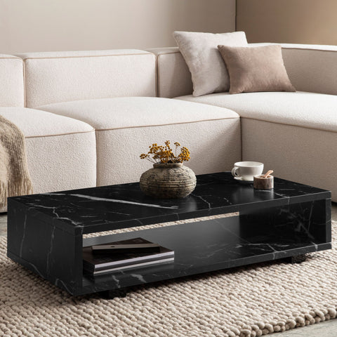 Rootz Modern Coffee Table - Marble Look - Open Storage - Anti-Slip Pads - 100cm x 50cm x 25cm