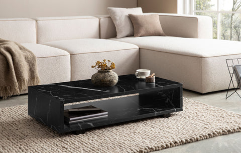 Rootz Modern Coffee Table - Marble Look - Open Storage - Anti-Slip Pads - 100cm x 50cm x 25cm