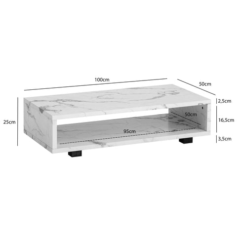 Rootz Modern Coffee Table - Marble Look - Large Table Top - Barrier-Free Storage - 100cm x 50cm x 25cm