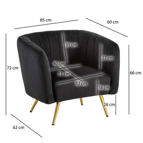 Rootz Cozy Lounge Chair - Modern Armchair - Velvet Seat - Soft Comfort - 85cm x 72cm x 60cm - Black & Gold Design