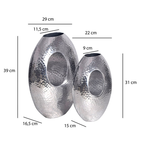 Rootz Decorative Vase Set - Modern Design Vases - Silver Hammered Structure - Handcrafted Unique - 29x39x16.5cm & 22x31x15cm