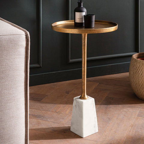 Rootz Round Side Table - Modern Accent Table - Marble Structure - Unique Design - 34cm x 34cm x 58cm - Golden & White
