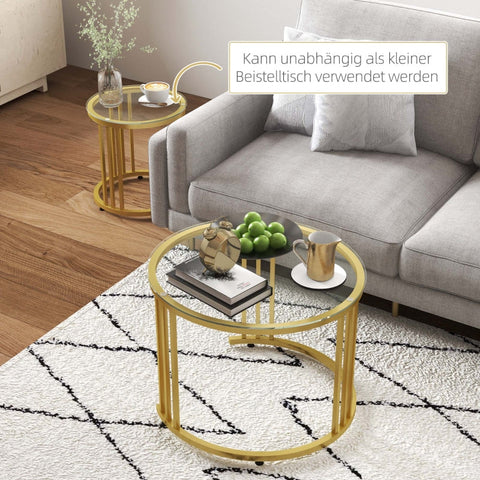 Rootz Round Living Room Set - Gold Coffee Tables - Nesting Tables - Carbon Steel Frames - Tempered Glass Tops - Space-Efficient - Ø60cm x 47cm & Ø40cm x 42cm